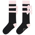 Girls Black & Pink Satin Bow Socks, 1, hi-res