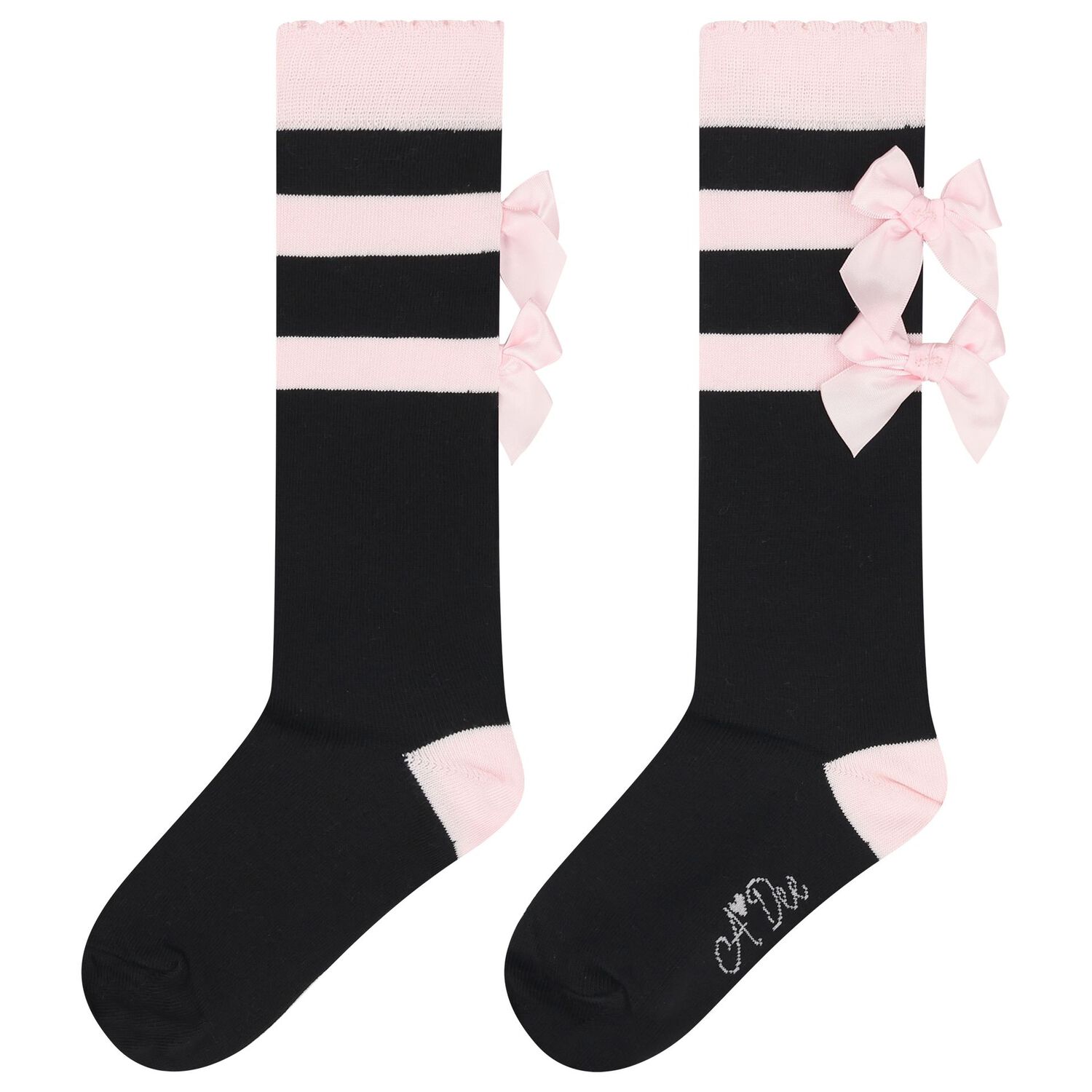 Girls Black & Pink Satin Bow Socks, 1, hi-res