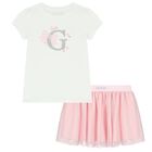 Girls White & Pink Logo Skirt Set, 1, hi-res