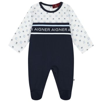 Baby Boys White & Navy Blue Logo Babygrow
