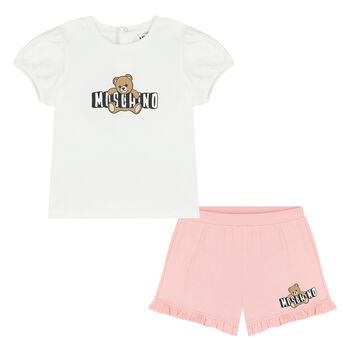Younger Girls White & Pink Teddy Bear Shorts Set