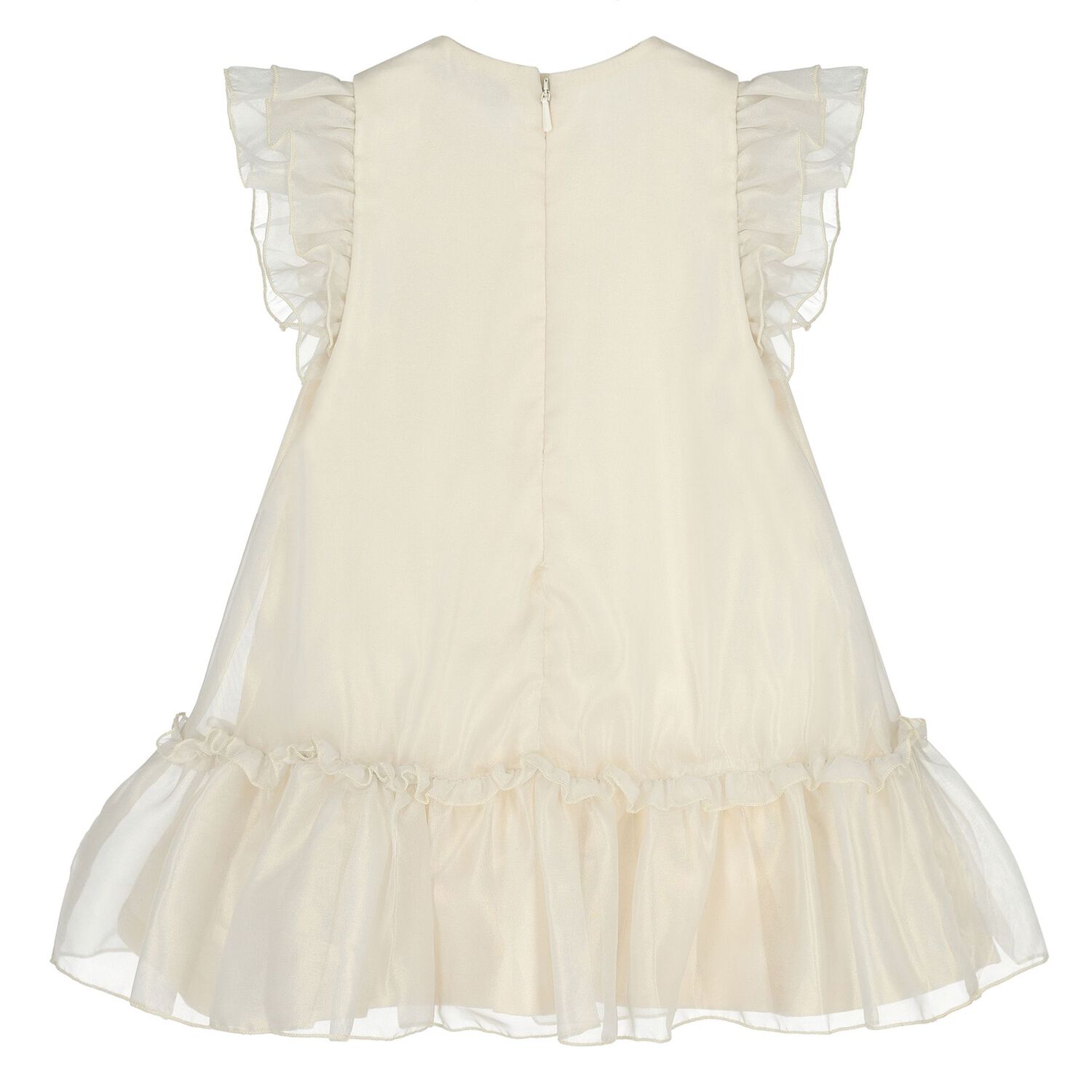 Younger Girls Beige & Gold Ruffled Dress, 1, hi-res