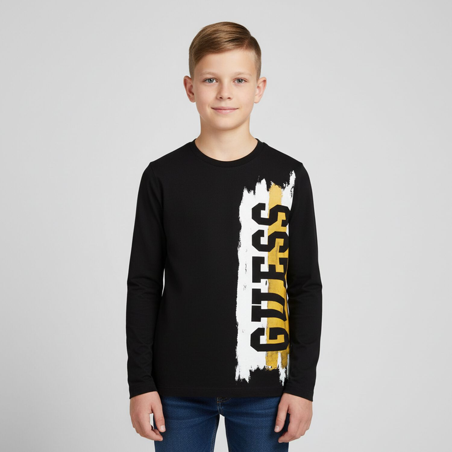 Boys Black Logo Long Sleeve Top, 3, hi-res