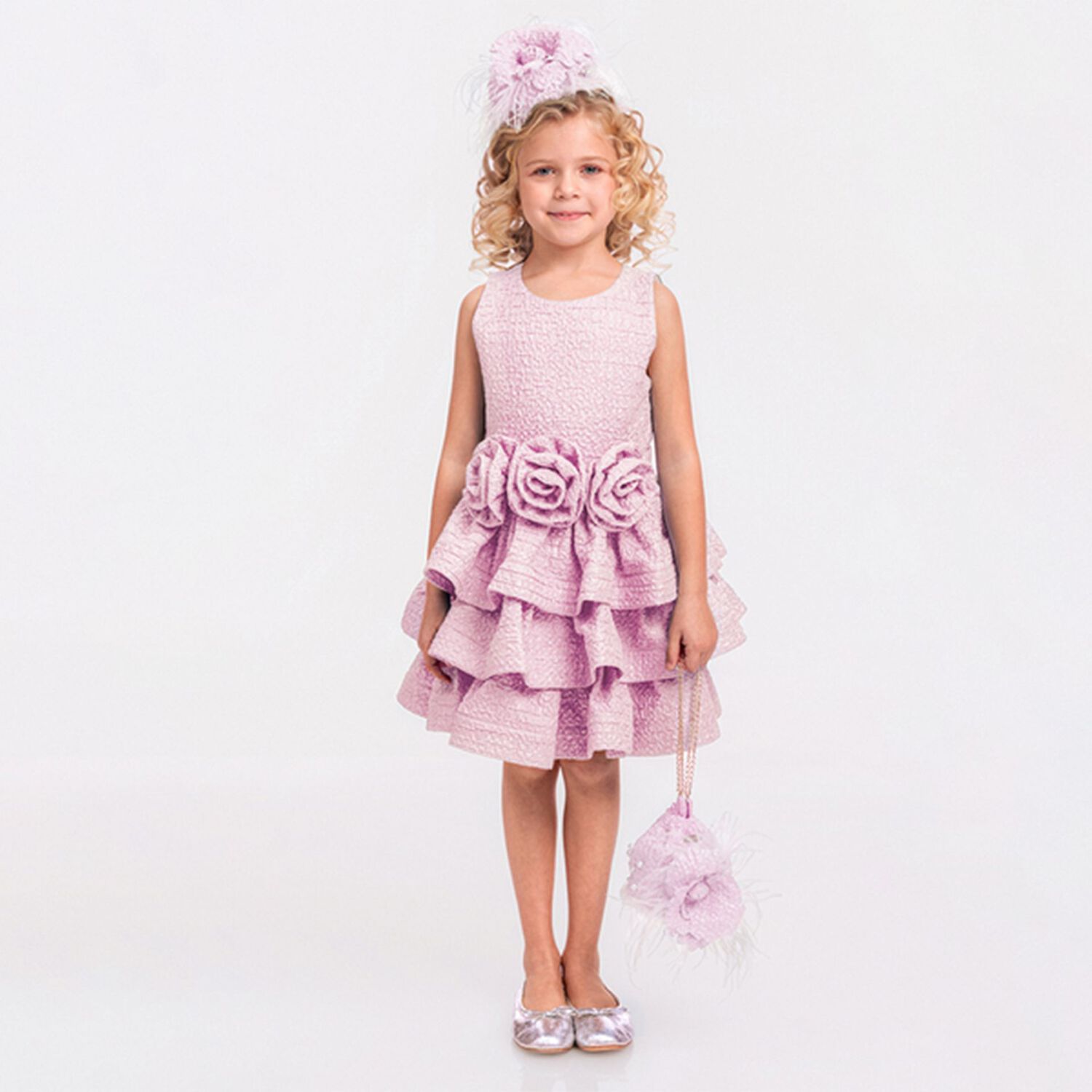 Girls Pink Roses Tiered Dress, 2, hi-res