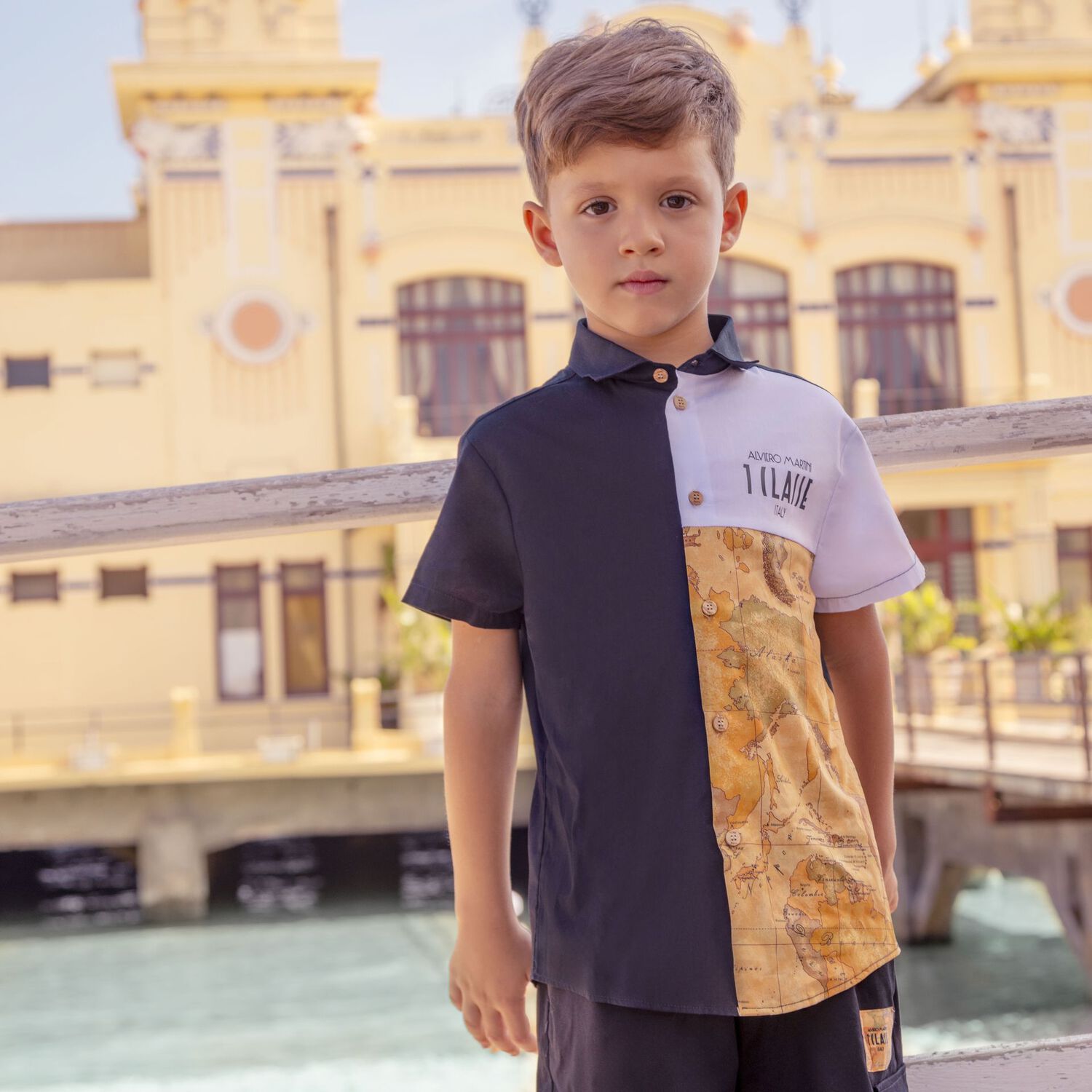 Boys Navy Blue, White & Beige Logo Polo Shirt, 2, hi-res image number null