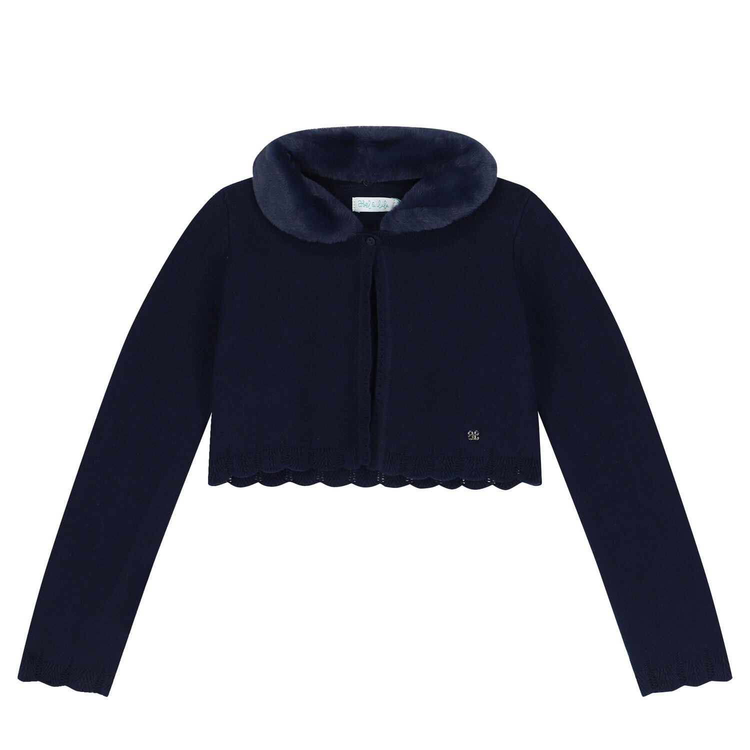 Girls Navy Blue Faux Fur Collar Cardigan, 2, hi-res image number null
