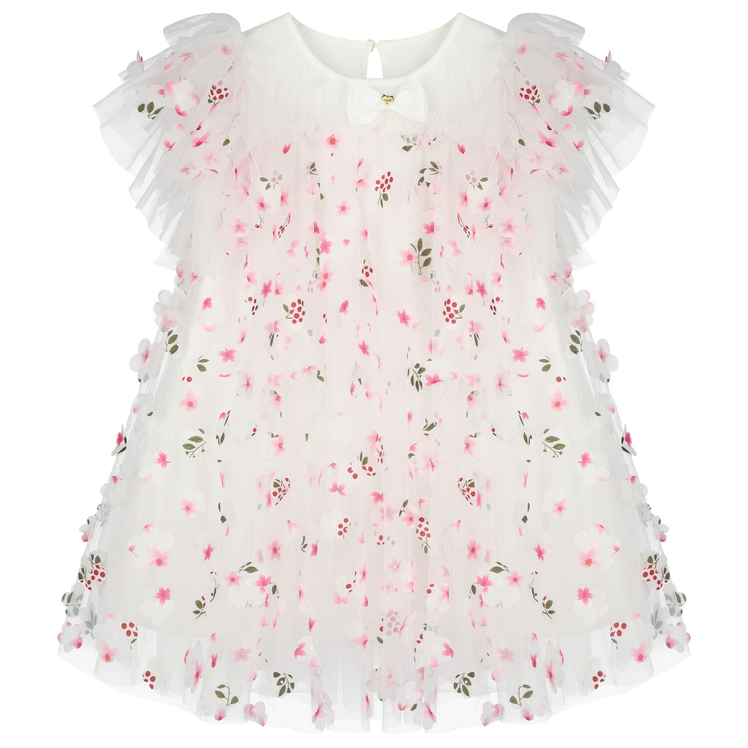 Girls White & Pink Tulle Flowers Dress, 4, hi-res