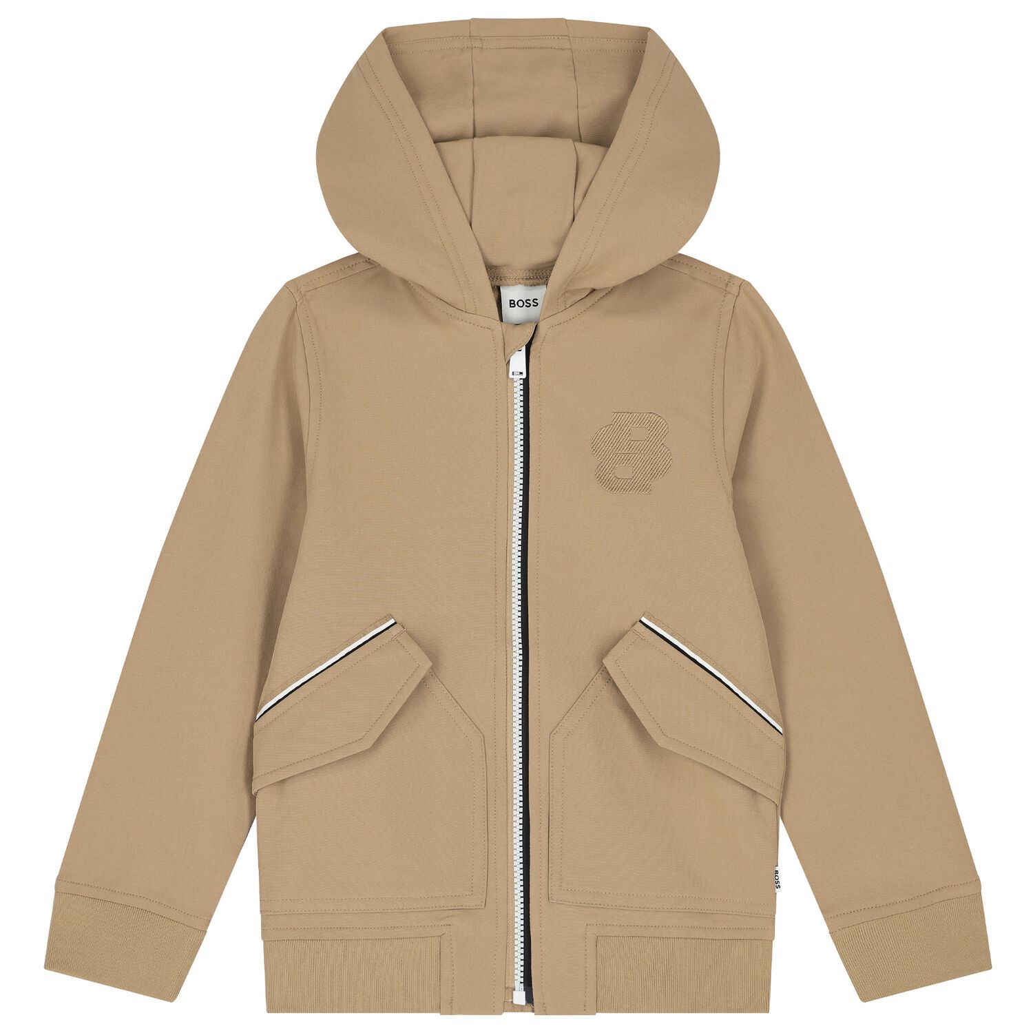 Boys Beige Logo Hooded Zip Up Top, 1, hi-res image number null