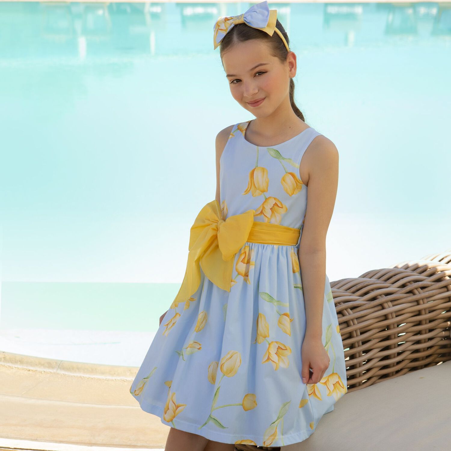 Girls Blue & Yellow Bow Dress, 1, hi-res