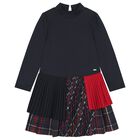 Girls Navy Blue & Tartan Dress, 1, hi-res