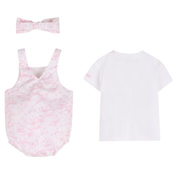 Baby Girls White & Pink Toile de Jouy Romper Set