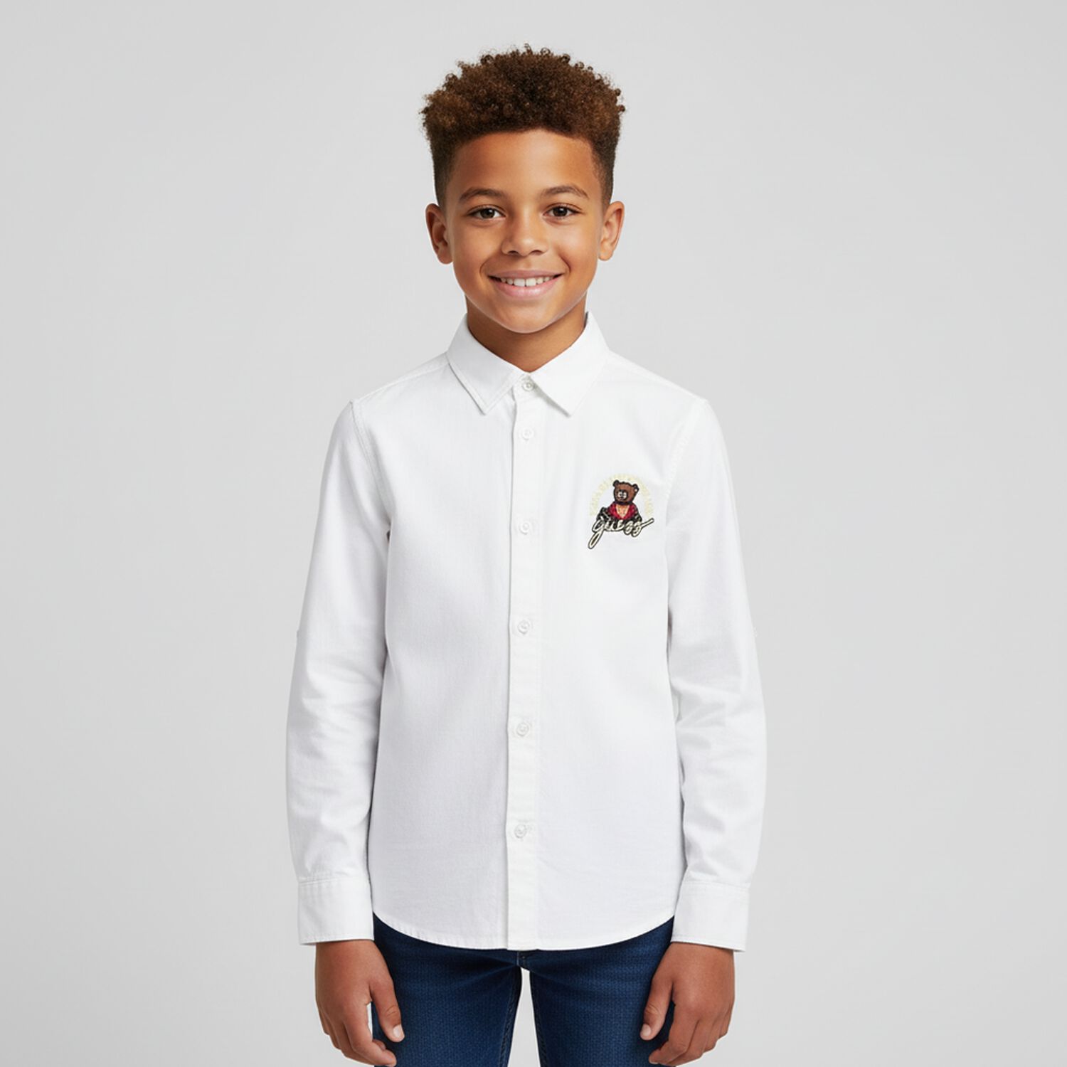 Boys White Teddy Bear Logo Shirt, 1, hi-res