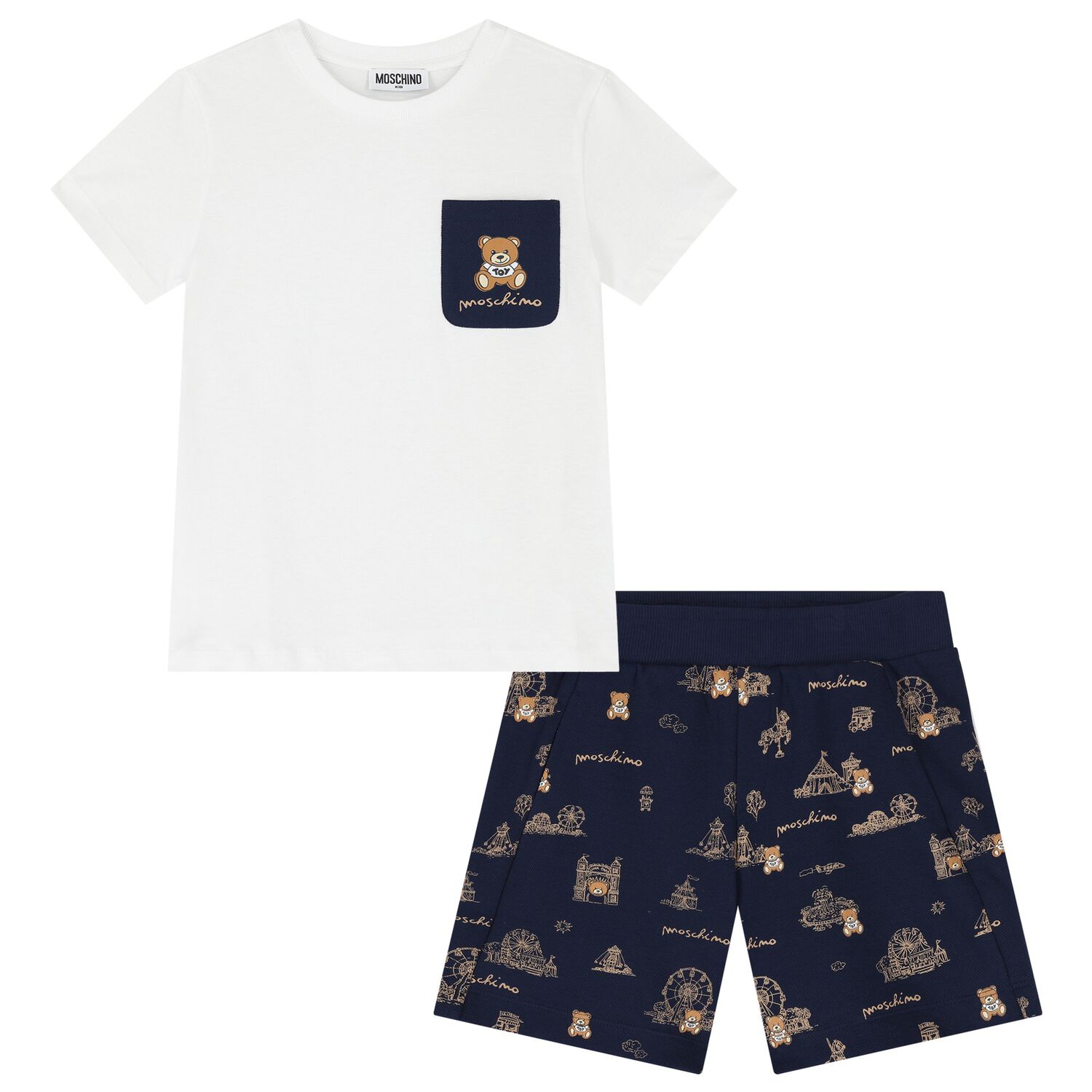 Boys White & Navy Blue Teddy Bear Logo Shorts Set, 1, hi-res
