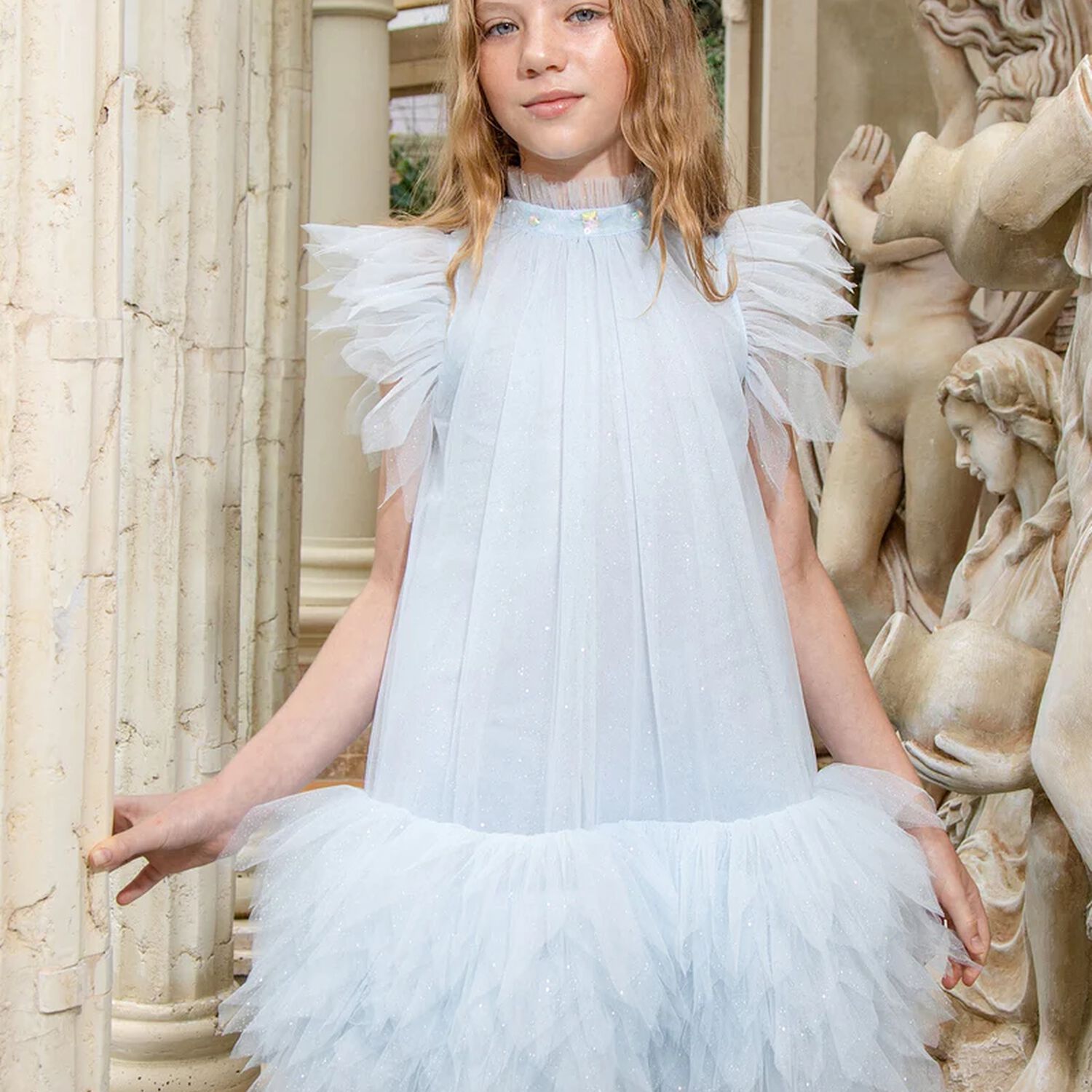 Girls Blue Embellished Tulle Dress, 1, hi-res