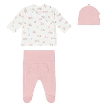 Baby Girls Ivory & Pink Bear Babysuit & Hat Gift Set