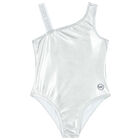 Girls Metallic Silver Logo Swimsuit, 1, hi-res
