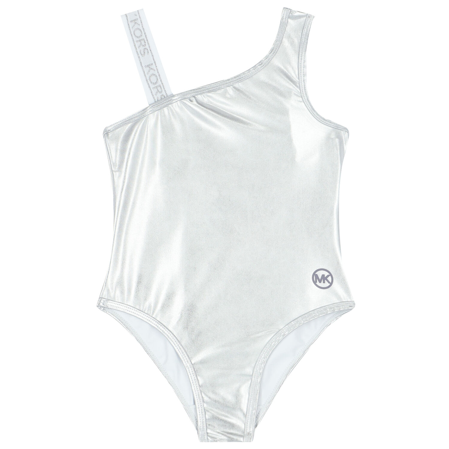 Girls Metallic Silver Logo Swimsuit, 1, hi-res