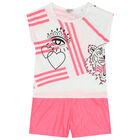 Girls Neon Pink & White Logo Playsuit, 1, hi-res