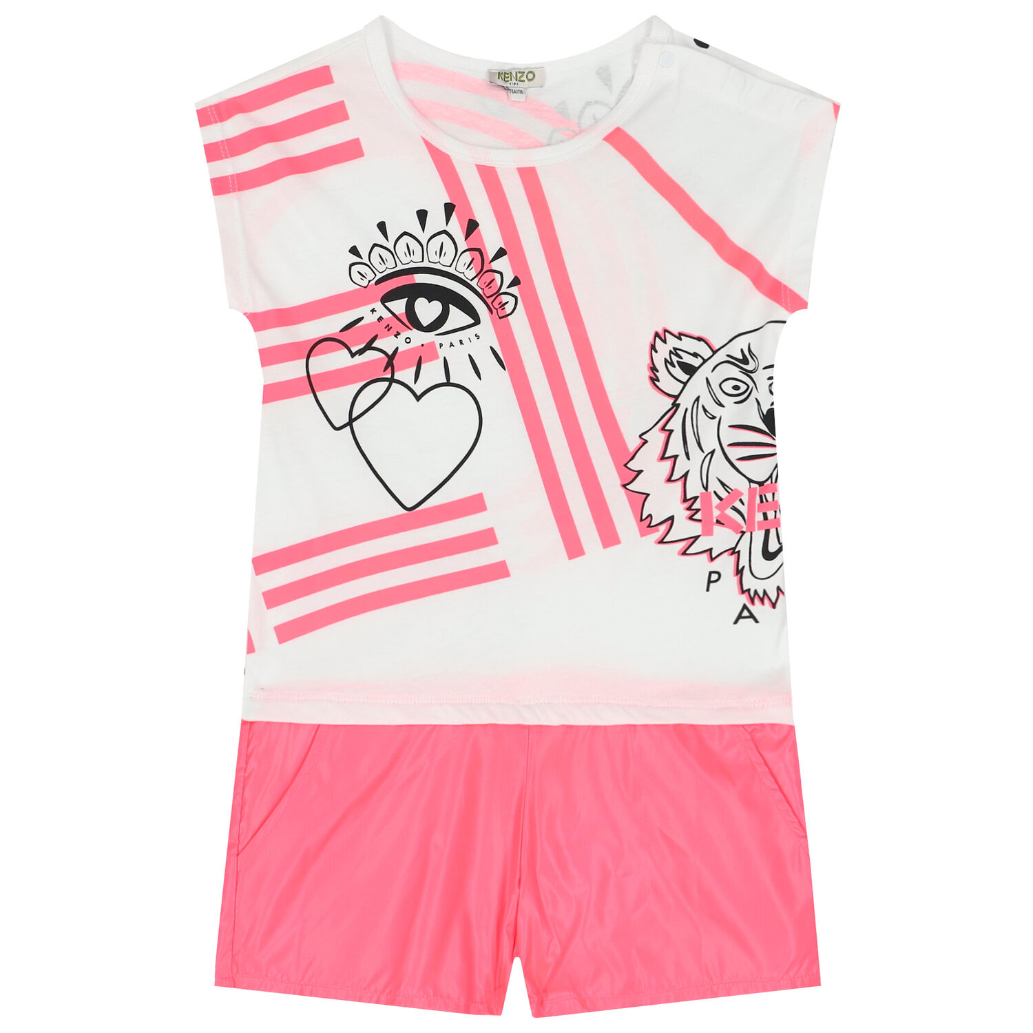 Girls Neon Pink & White Logo Playsuit, 1, hi-res image number null