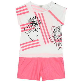 Girls Neon Pink & White Logo Playsuit