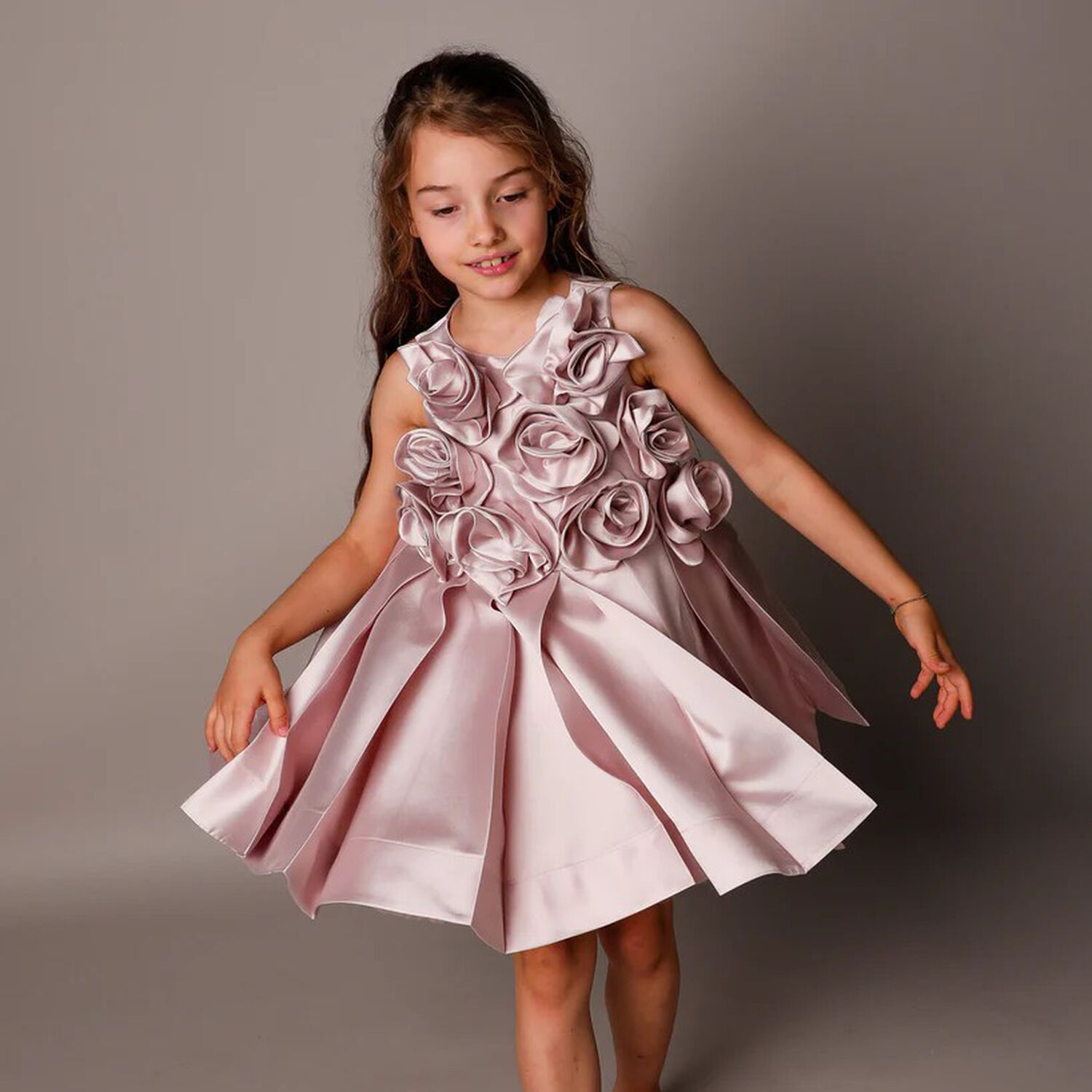 Girls Pink Flower Satin Dress, 1, hi-res