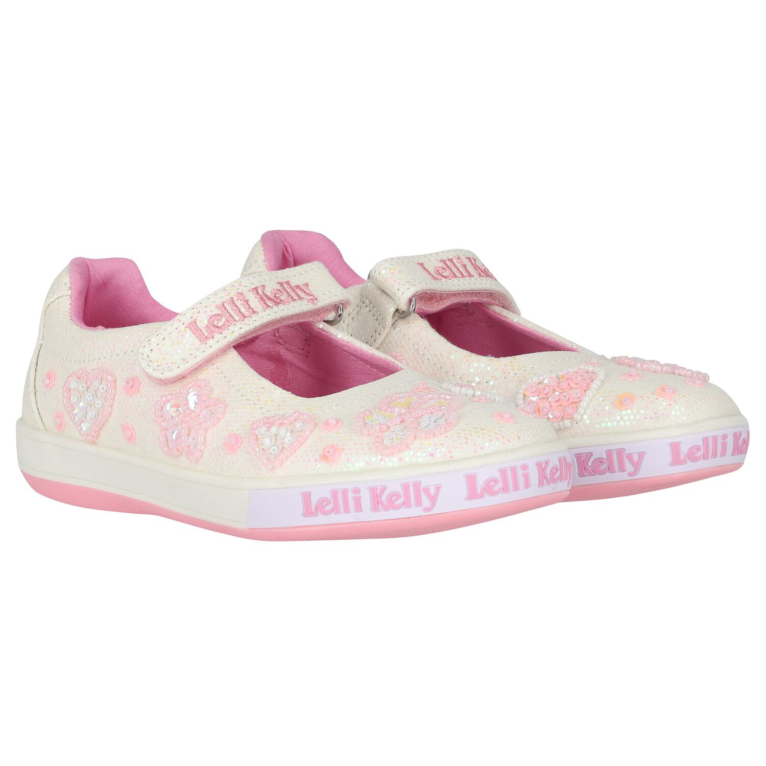 Girls White Logo Beaded Hearts Shoes, 1, hi-res image number null
