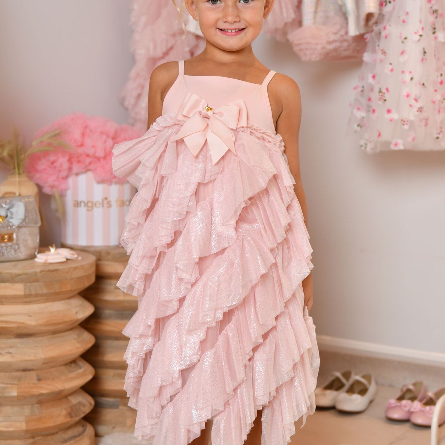 Girls Pink Tulle Ruffles Dress, 2, hi-res