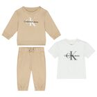 Beige & White 3-Piece Baby Tracksuit Gift Set, 3, hi-res
