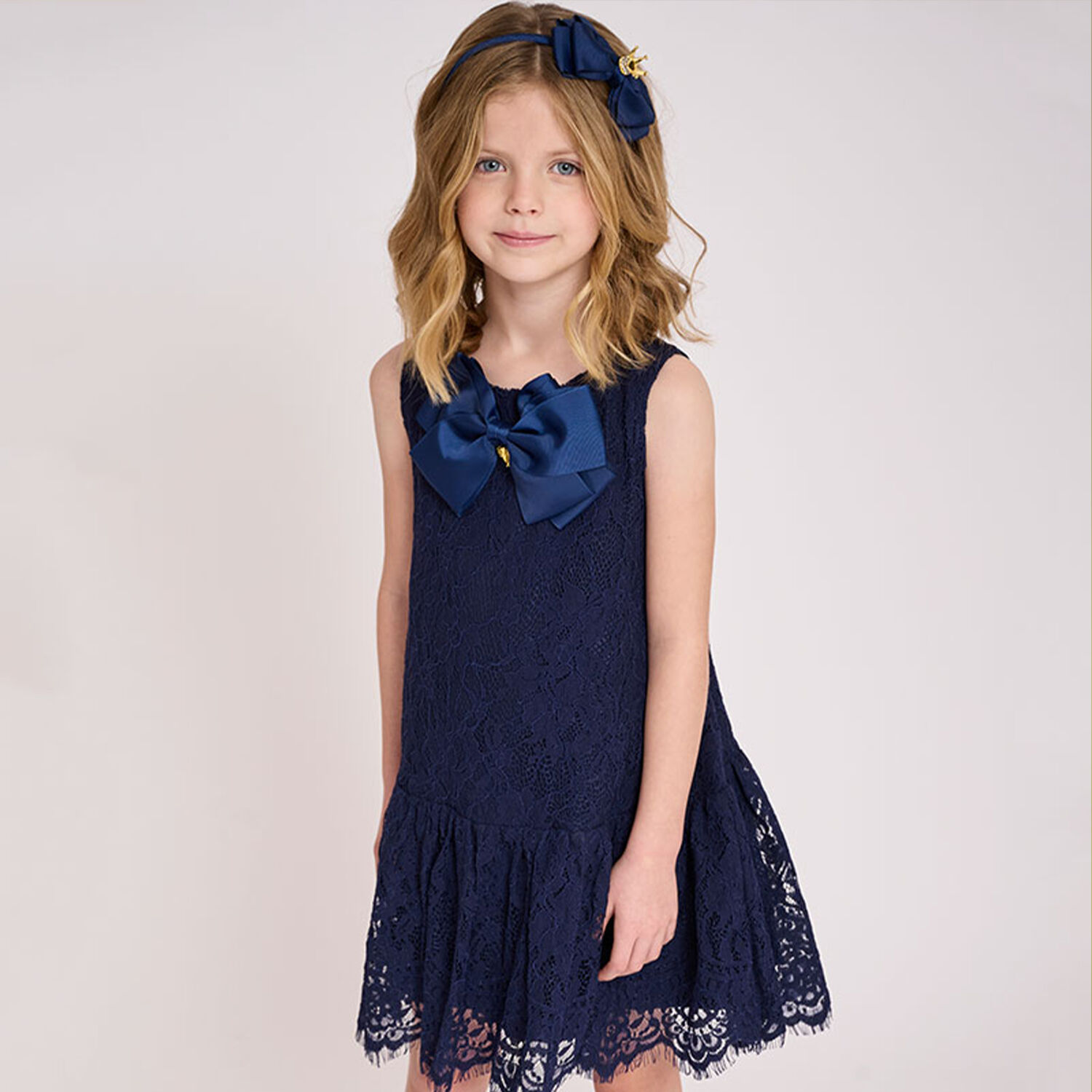 Girls Navy Blue Lace Dress, 1, hi-res