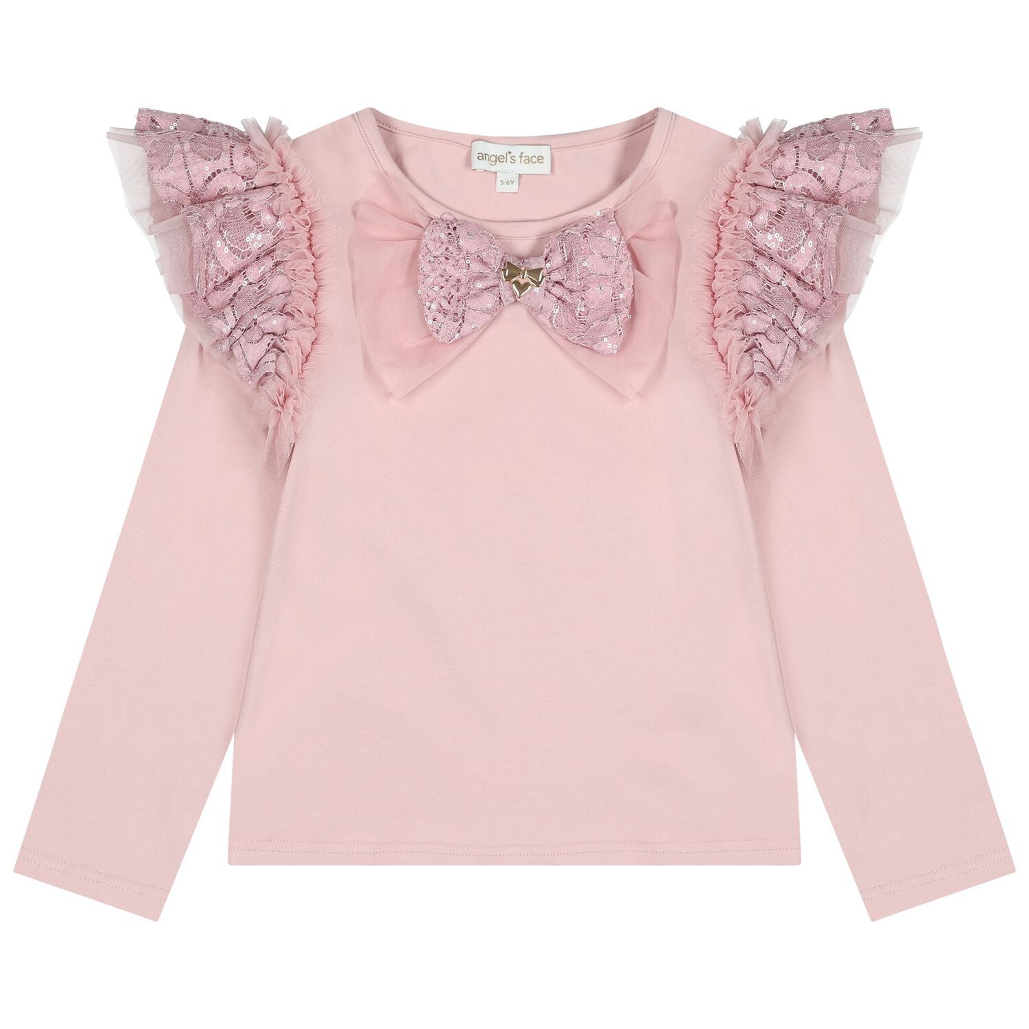 Girls Pink Sequin Lace Bow Carina Long Sleeve Top, 1, hi-res