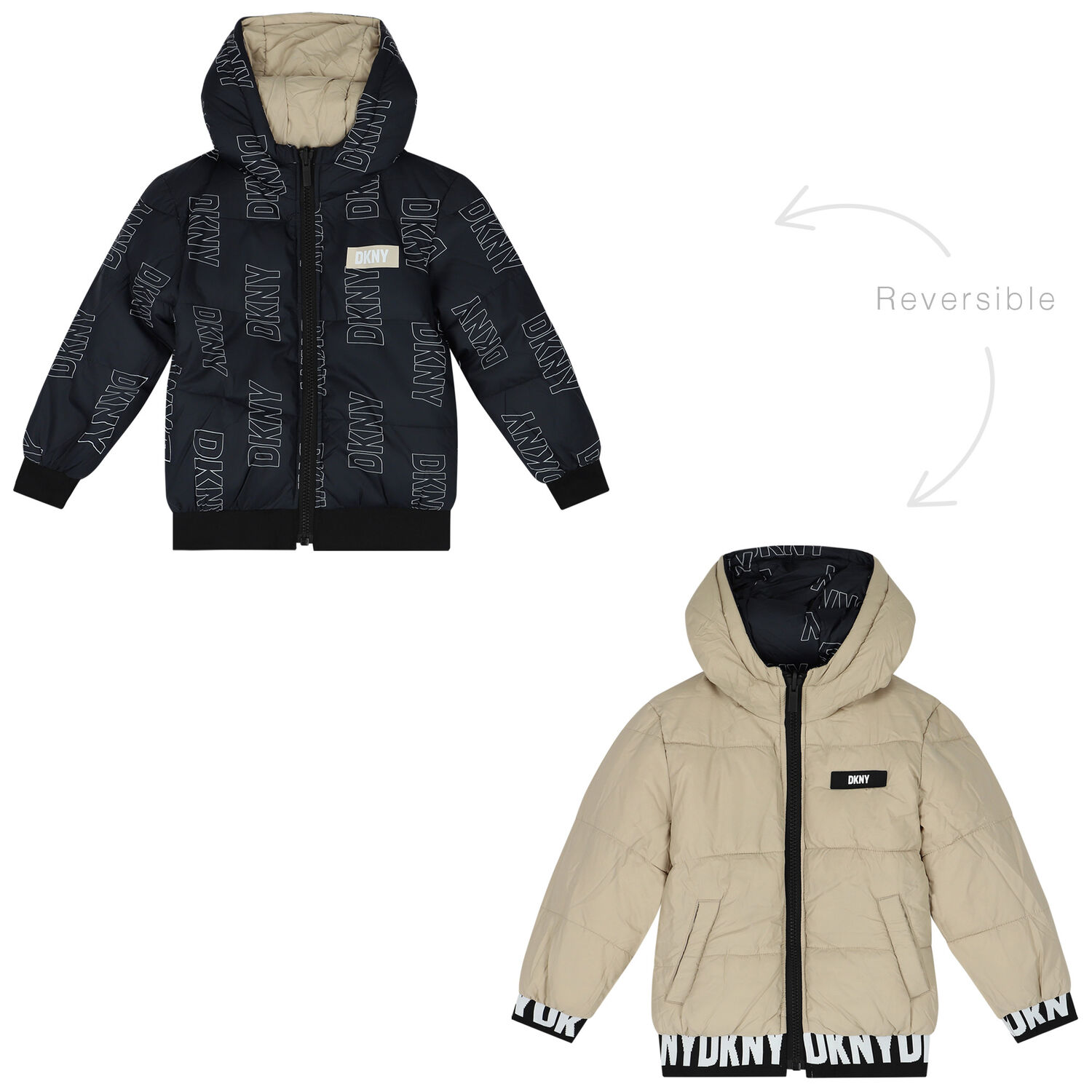 Black & Beige Logo Reversible Puffer Jacket, 1, hi-res