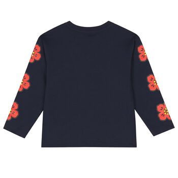 Girls Navy Blue Boke Flower Long Sleeve Top