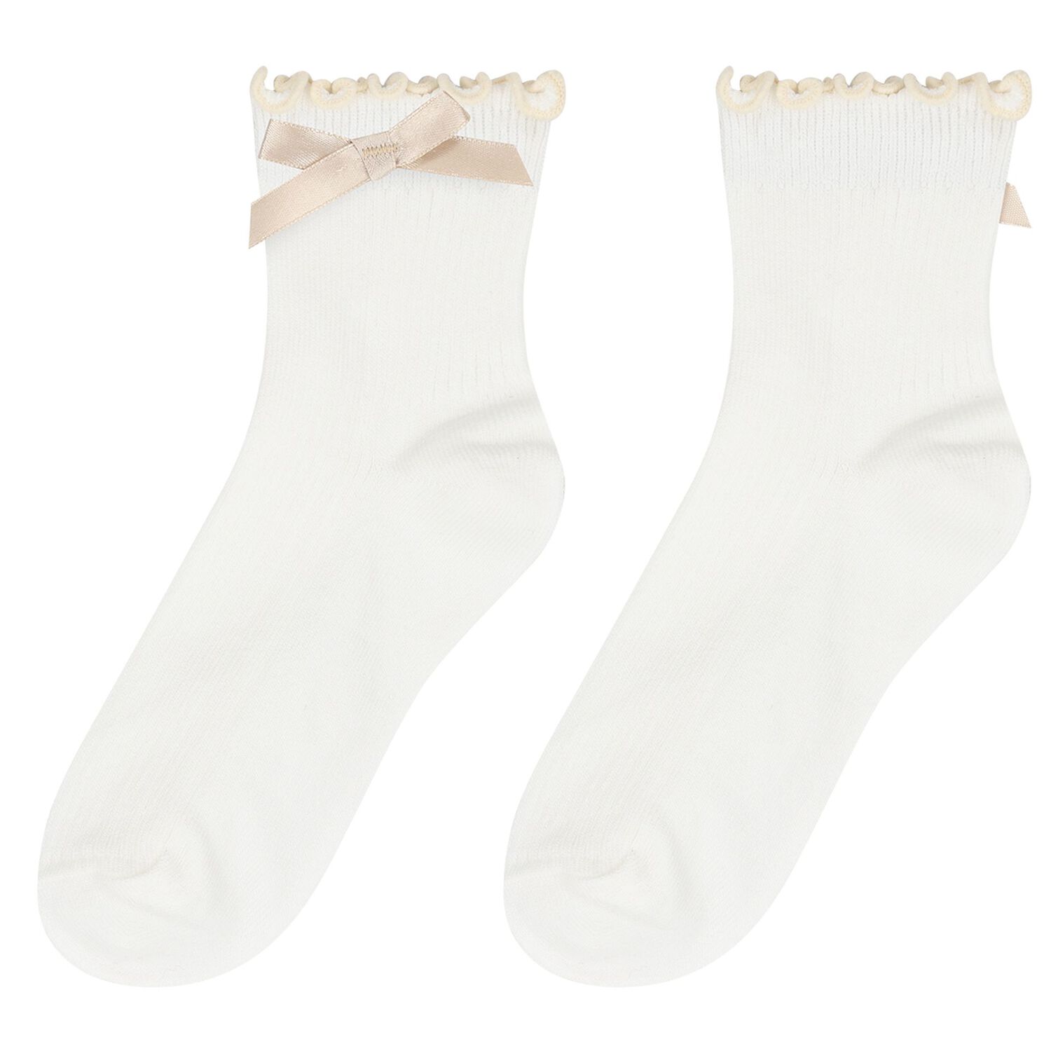 Girls White & Beige Bow & Pearl Socks ( 2-Pack ) , 2, hi-res