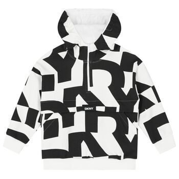 White & Black Logo Hooded Top