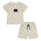 Younger Beige & White Check Shorts Set, 1, hi-res