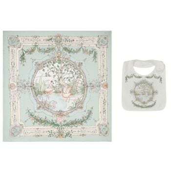 Ivory & Blue Tapestry Baby Swaddle & Bib Gift Set