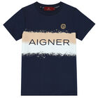 Boys Navy Striped Logo T-Shirt, 1, hi-res