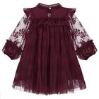 Girls Burgundy Floral Ruffled Tulle Dress, 1, hi-res