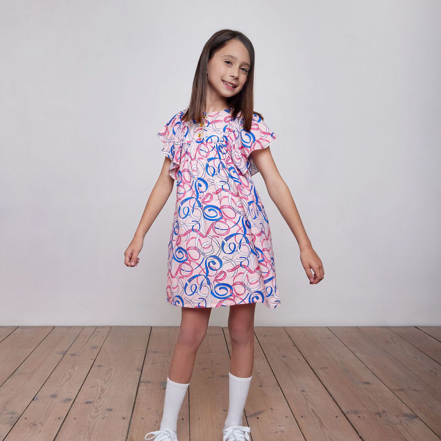 Girls Pink Logo Ribbon Dress , 1, hi-res