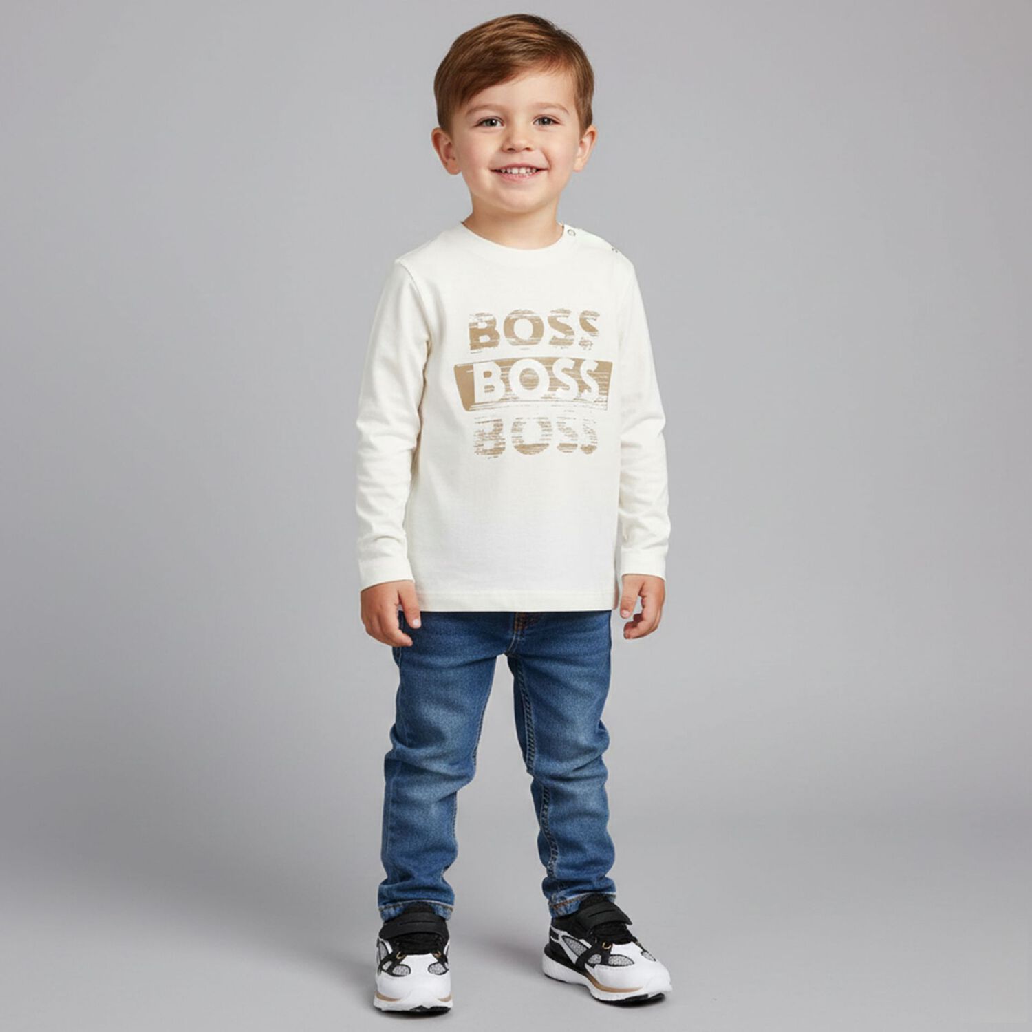 Younger Boys White Logo Long Sleeve Top, 4, hi-res