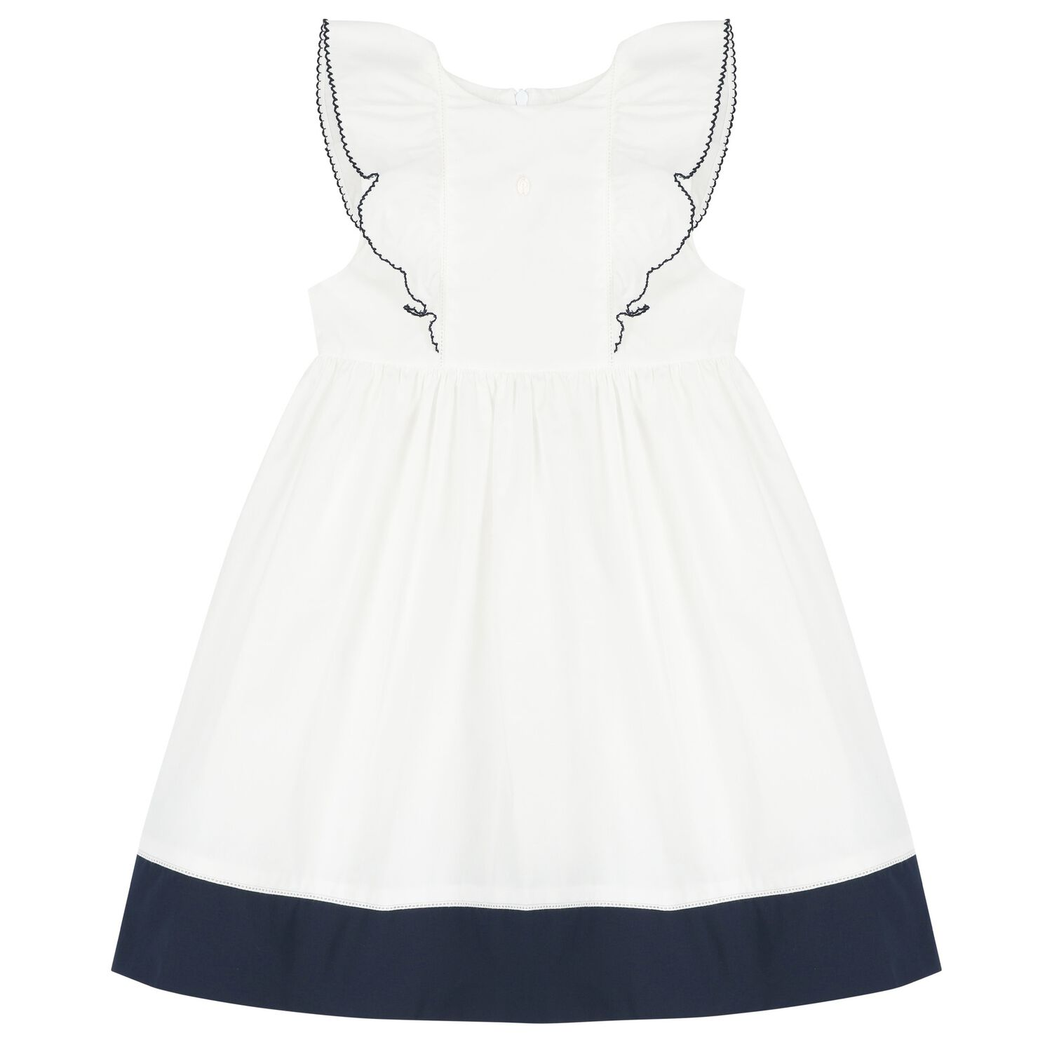 Girls White & Navy Blue Ruffled Dress, 1, hi-res