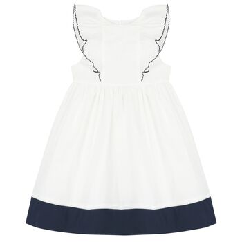 Girls White & Navy Blue Ruffled Dress