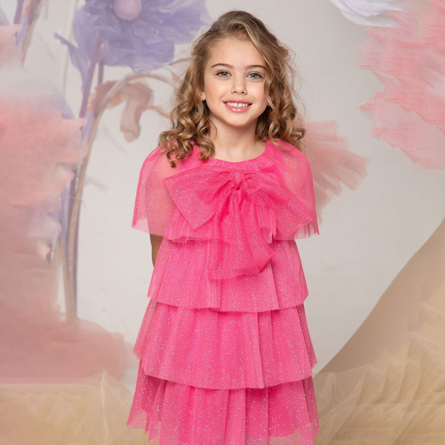 Girls Glittery Pink Tulle Dress, 1, hi-res image number null