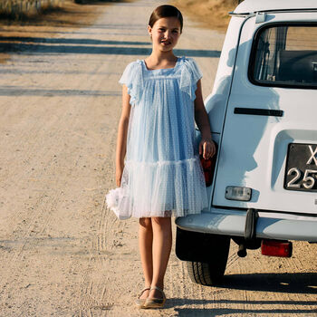 Girls Blue Dotted Tulle Dress