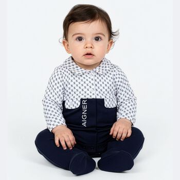 Baby Boys White & Navy Blue Logo Babygrow