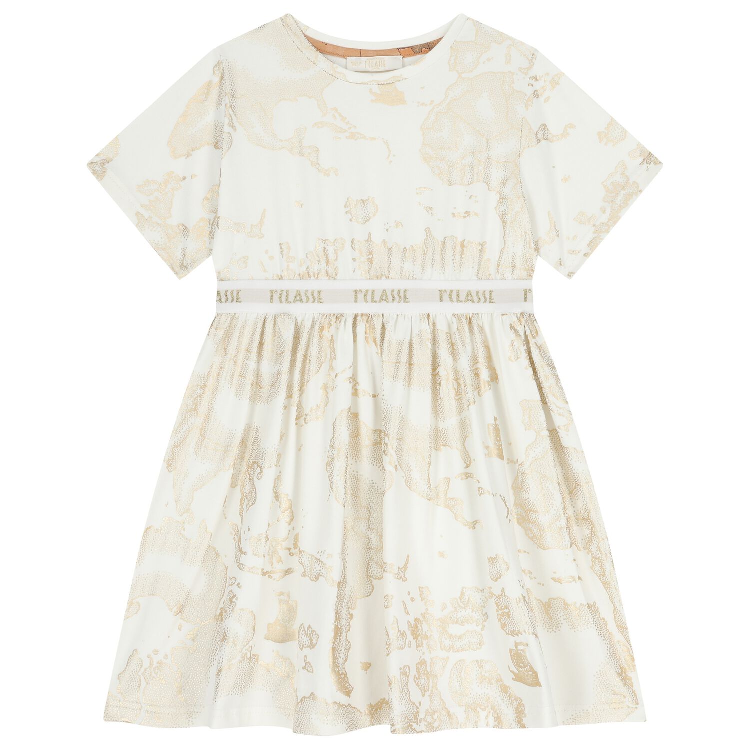 Girls White & Beige Geo Map Dress, 1, hi-res