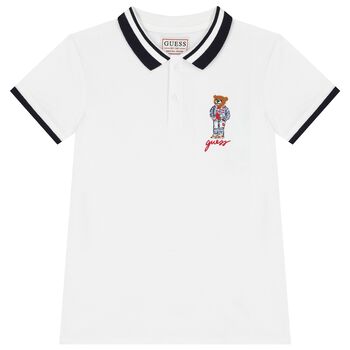 Boys White Teddy Bear Polo Shirt