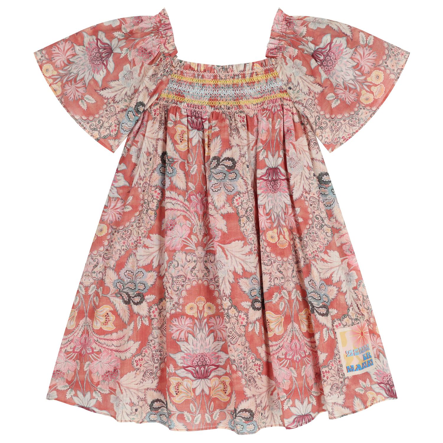 Girls Pink Floral Shirred Dress, 1, hi-res