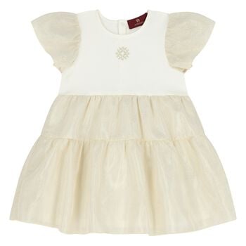 Younger Girls White & Gold Logo Dress