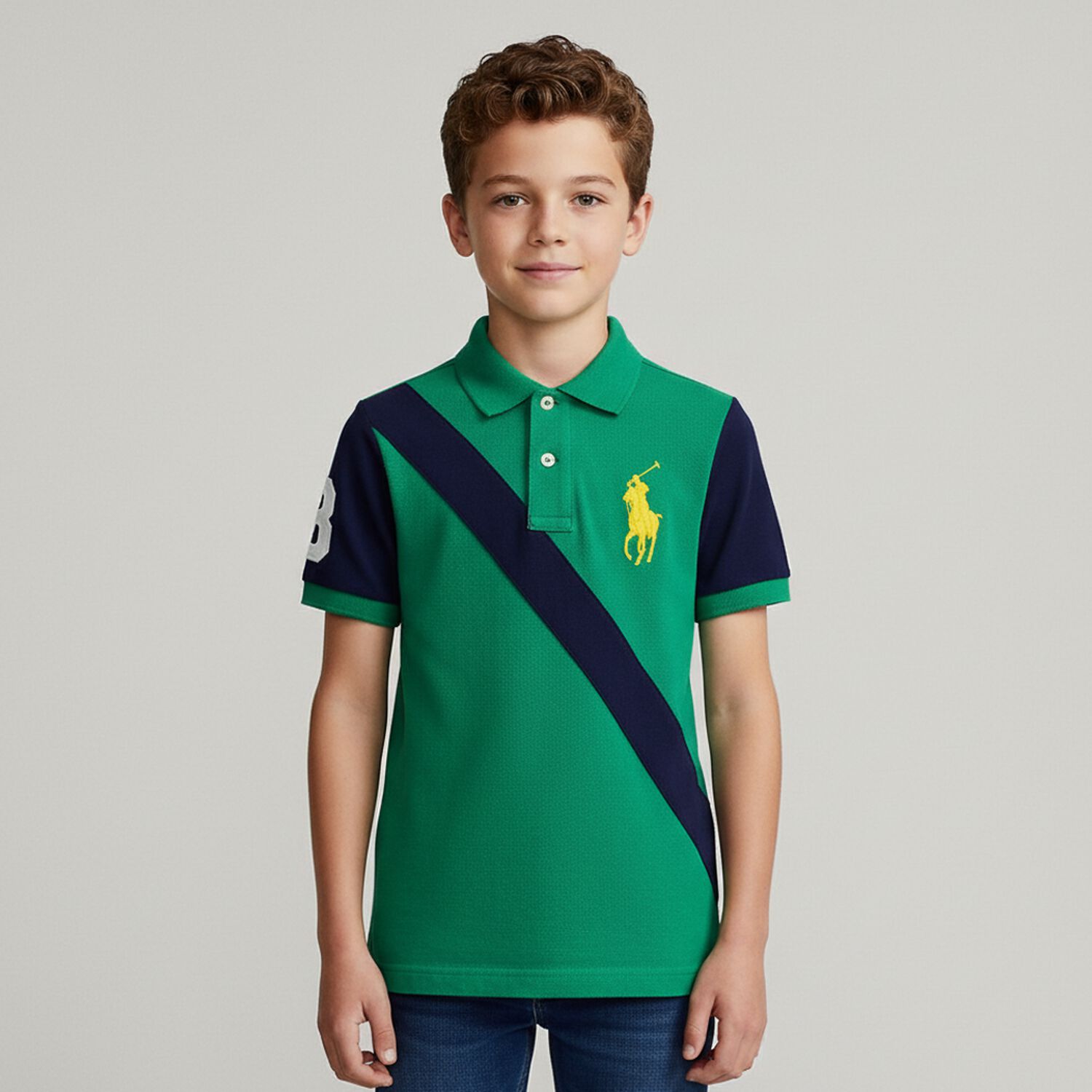 Boys Green & Navy Blue Logo Polo Shirt, 1, hi-res
